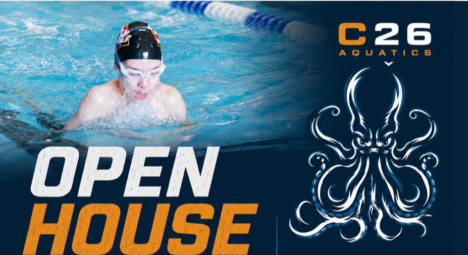 C26 Aquatics Open House flyer — a young swimmer in goggles beside the C26 kraken